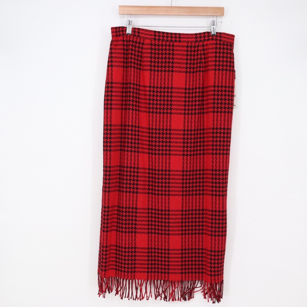 Requirements Maxi Skirt Women's 16W Red Black Houndstooth Fringe Wool NEW